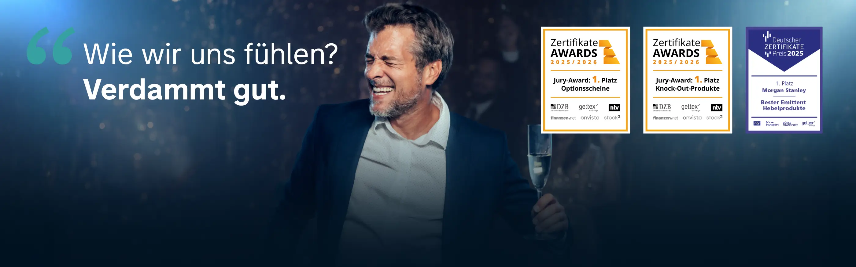 Lächelnder Mann mit Sektglas auf Party, daneben mehrere Awards: Morgan Stanley Gewinner bei Zertifikate Awards 2025/2026 und Deutscher Zertifikate Preis 2025