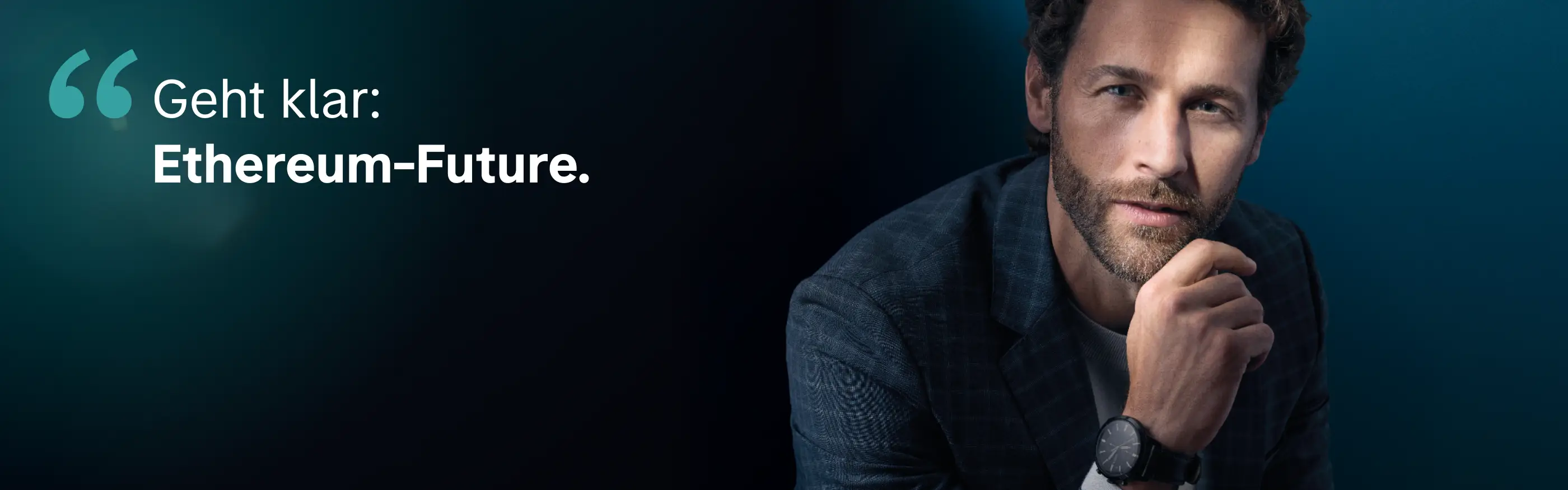Mann blickt mit Vision in die Zukunft, Kampagnen-Motiv für Ethereum Futures